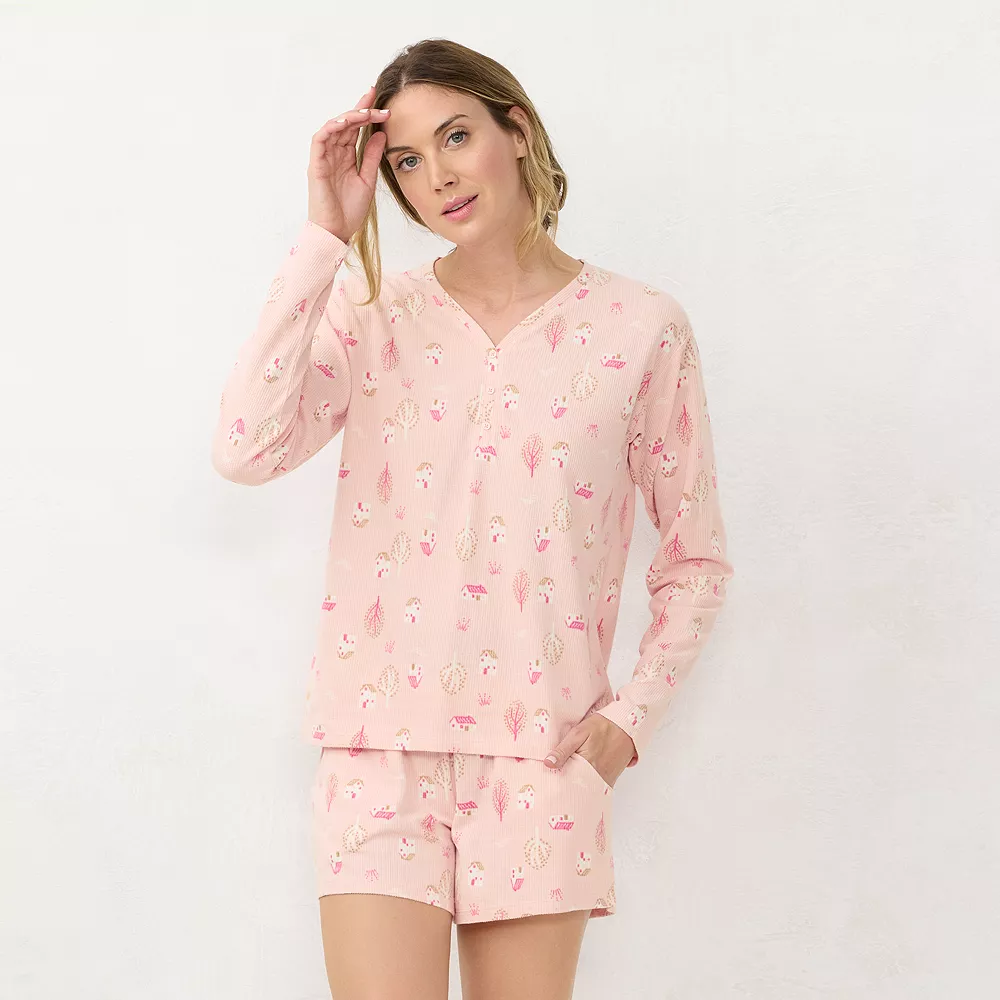 Women's LC Lauren Conrad Long Sleeve Henley Pajama Top & Pajama Shorts Sleep Set - Image 3