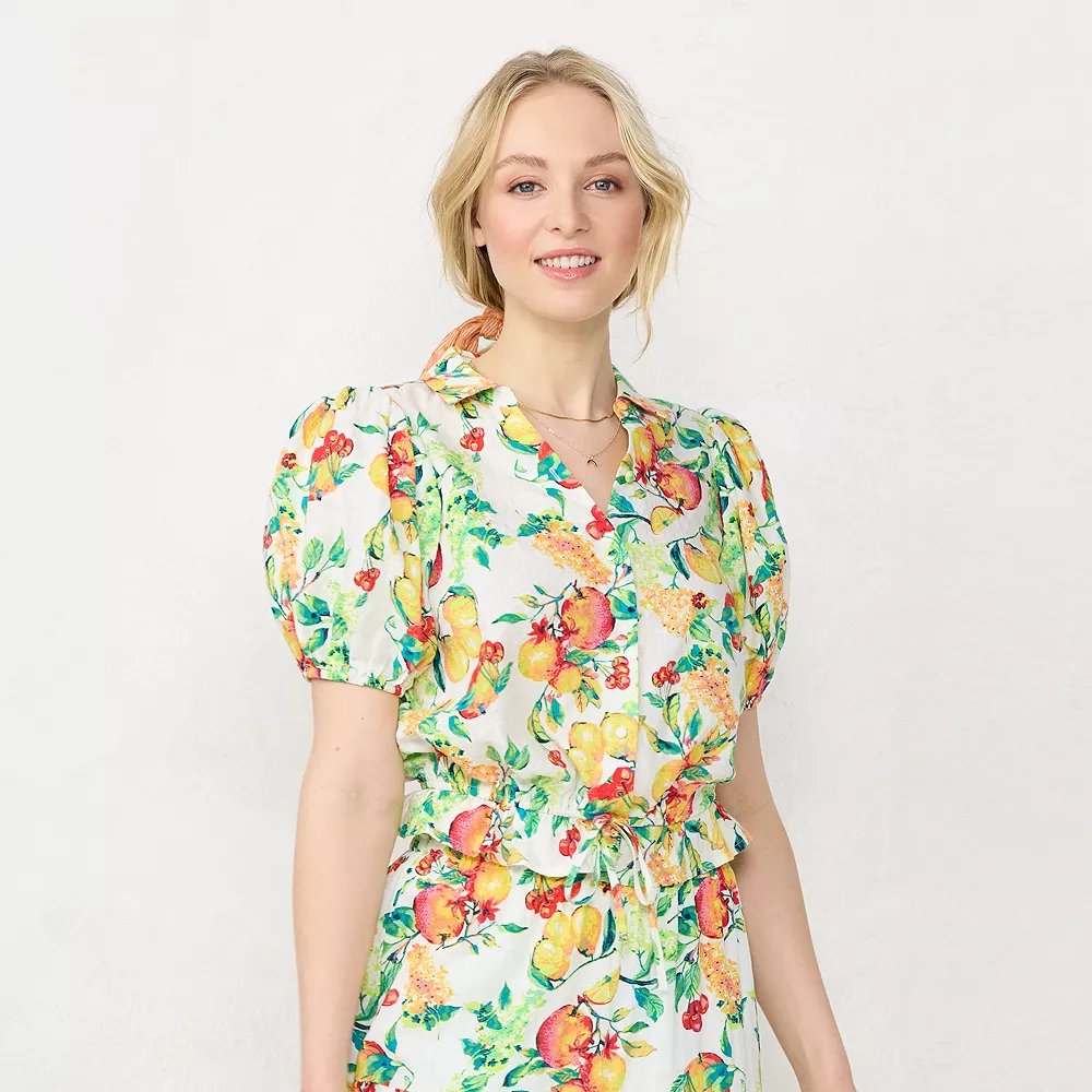 Women's LC Lauren Conrad Button-Front Puff-Sleeve Top